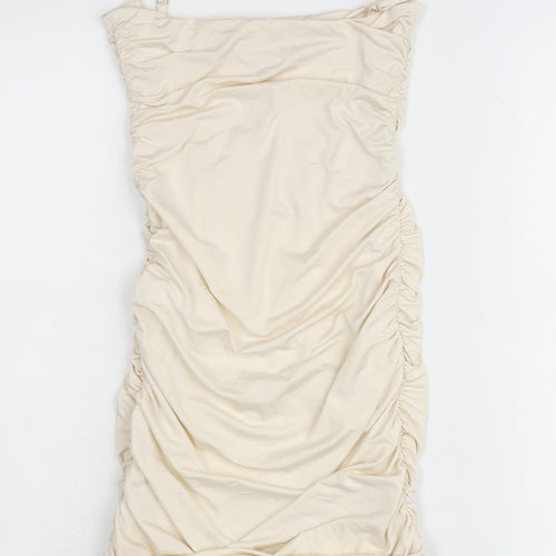 Oh Polly Women’s Ivory Ruched Bodycon Dress UK 6 Sleeveless Party