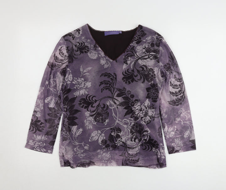 Autonomy Womens Purple Floral V-Neck Tunic Blouse Size 12