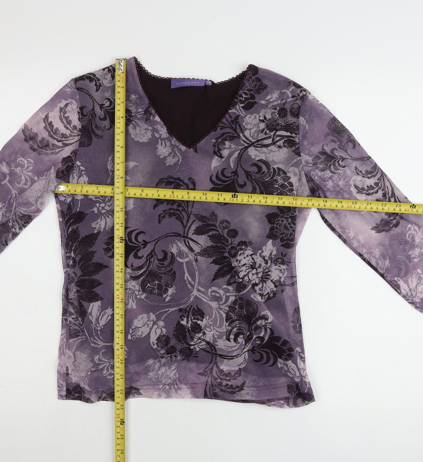 Autonomy Womens Purple Floral V-Neck Tunic Blouse Size 12