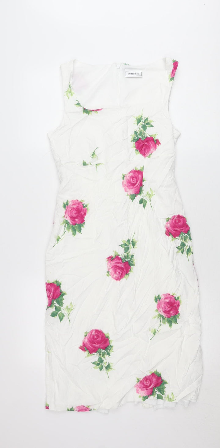 Principles Women White Floral Sheath Dress Size 12 Sleeveless Wedding Party