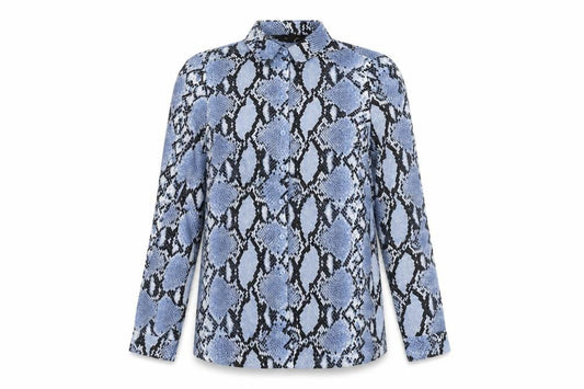Front view of New Look women’s blue snake print button-up shirt uk 10 polyester