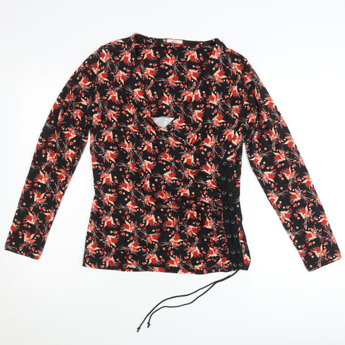 Joe Browns Womens Black Floral Wrap Blouse Size 10 Long Sleeve V-Neck