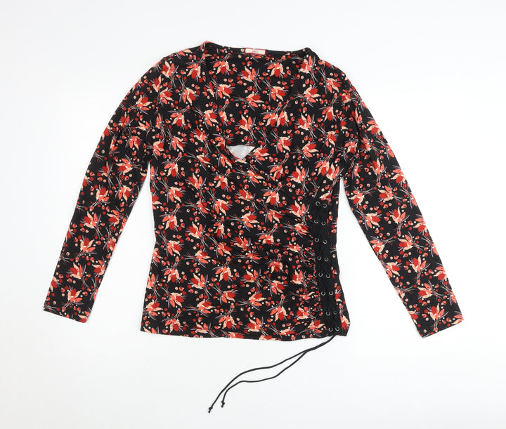 Joe Browns Womens Black Floral Wrap Blouse Size 10 Long Sleeve V-Neck