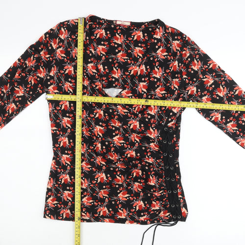 Joe Browns Womens Black Floral Wrap Blouse Size 10 Long Sleeve V-Neck