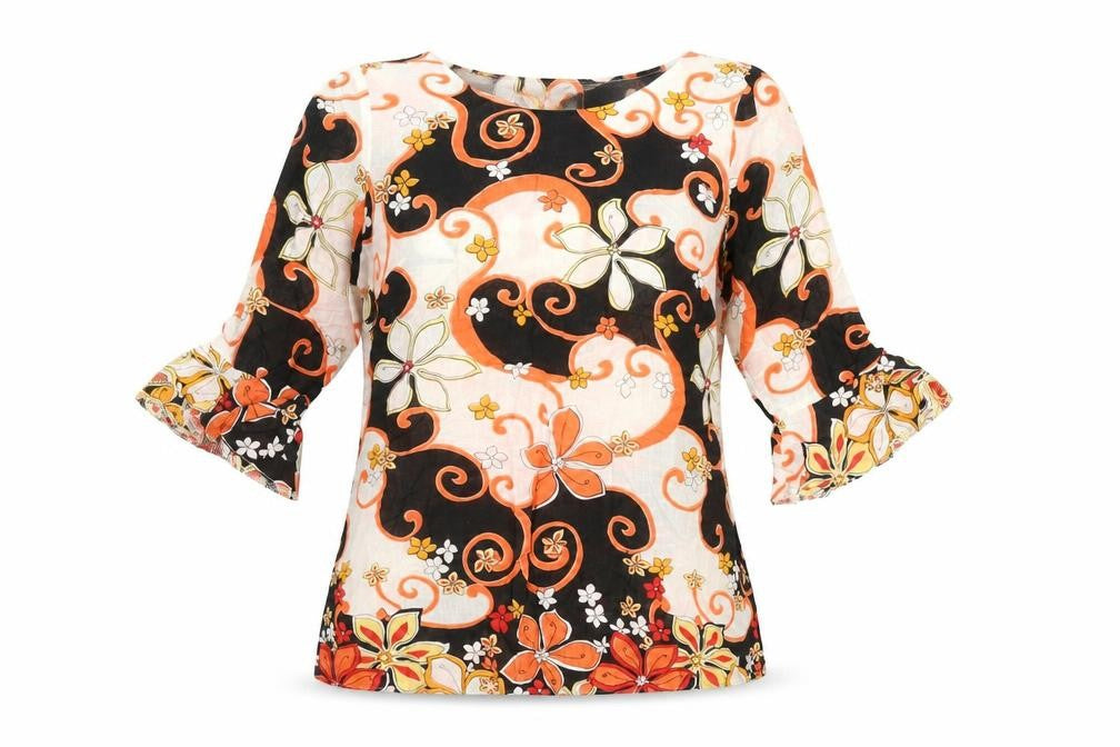 Front view of Bella Moda women’s multicoloured floral cotton tunic blouse, size UK 14