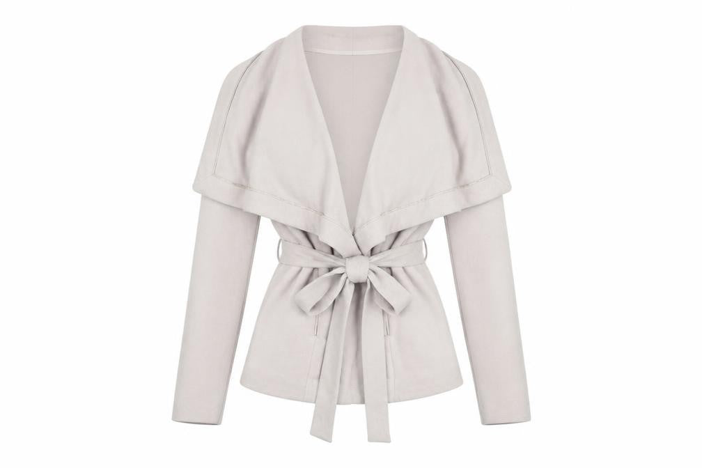 Front view of Oasis Women’s Beige Belted Jacket L Long Sleeve Classic Style
