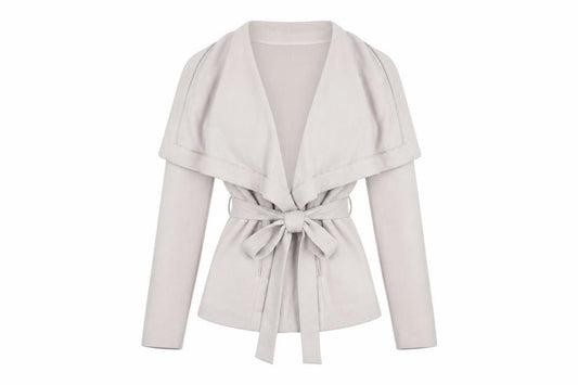 Front view of Oasis Women’s Beige Belted Jacket L Long Sleeve Classic Style