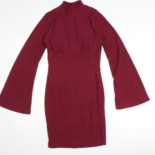 Boohoo Women’s Red Bodycon Mini Dress Size 8 Bell Sleeve High Neck