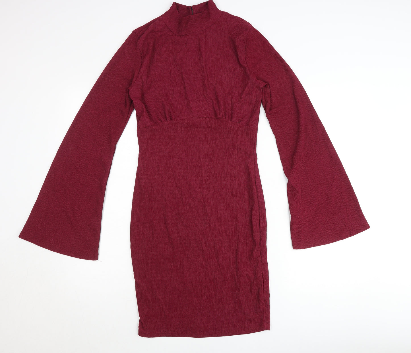 Boohoo Women’s Red Bodycon Mini Dress Size 8 Bell Sleeve High Neck
