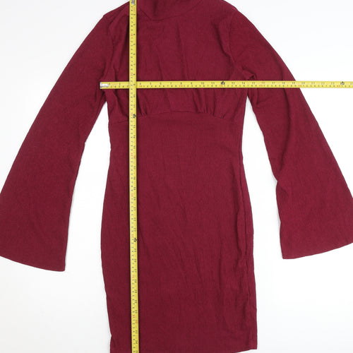Boohoo Women’s Red Bodycon Mini Dress Size 8 Bell Sleeve High Neck