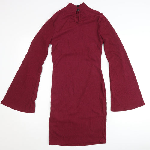 Boohoo Women’s Red Bodycon Mini Dress Size 8 Bell Sleeve High Neck