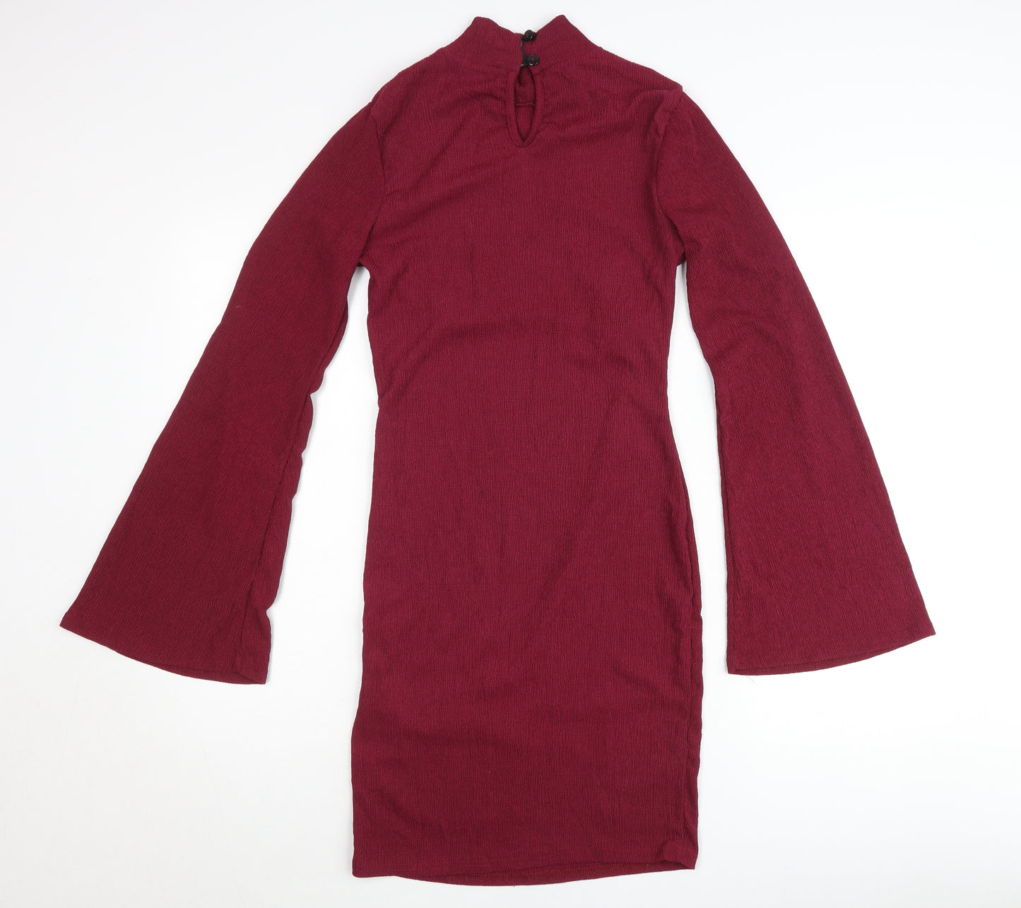 Boohoo Women’s Red Bodycon Mini Dress Size 8 Bell Sleeve High Neck
