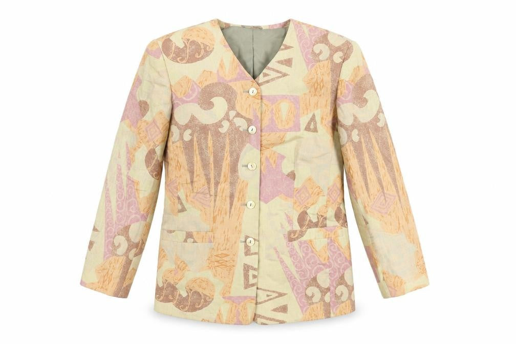 Front view of Planet Women’s Multicoloured Geometric Linen Blend Jacket, size UK 10