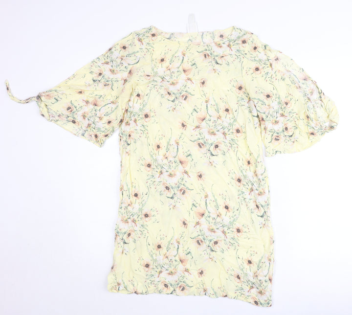 H&M Women’s Yellow Floral Tunic Blouse UK 10 Chiffon Summer Top