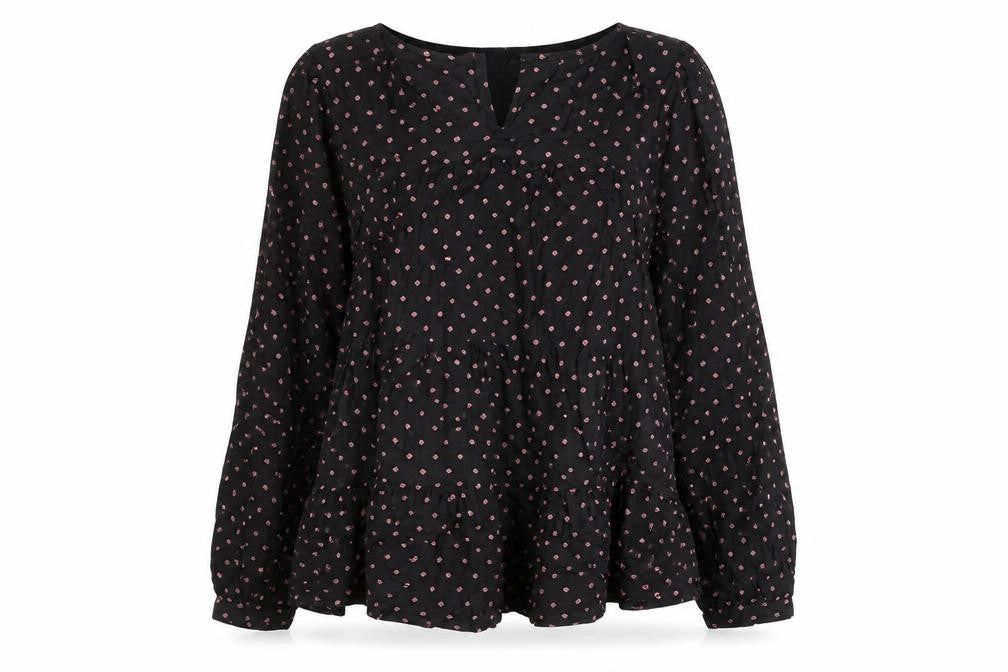 Front view of Next women’s black floral tunic blouse, size UK 6, viscose long sleeve