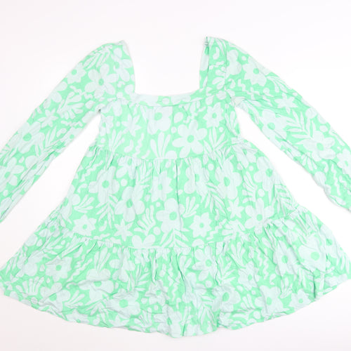 ASOS Women’s Green Floral Smock Dress Size 8 Long Sleeve Square Neck