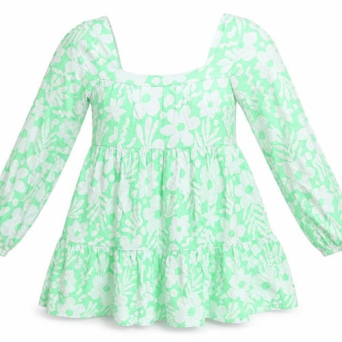 ASOS Women’s Green Floral Smock Dress Size 8 Long Sleeve Square Neck