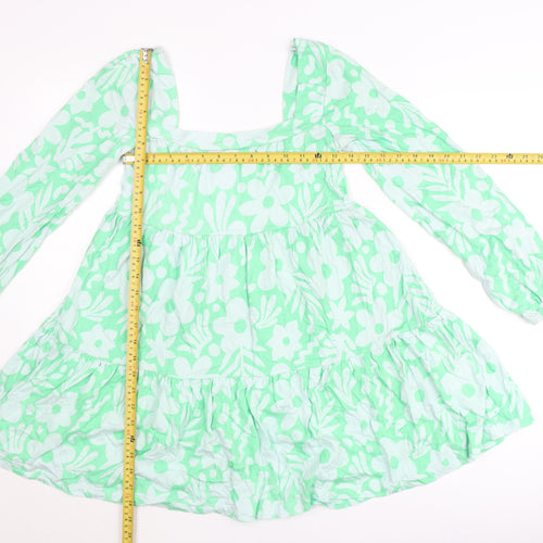 ASOS Women’s Green Floral Smock Dress Size 8 Long Sleeve Square Neck