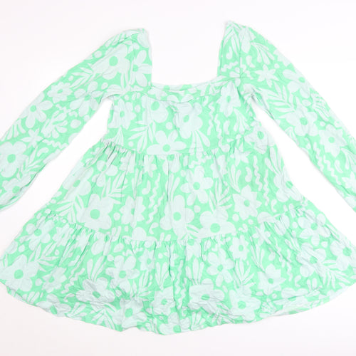 ASOS Women’s Green Floral Smock Dress Size 8 Long Sleeve Square Neck