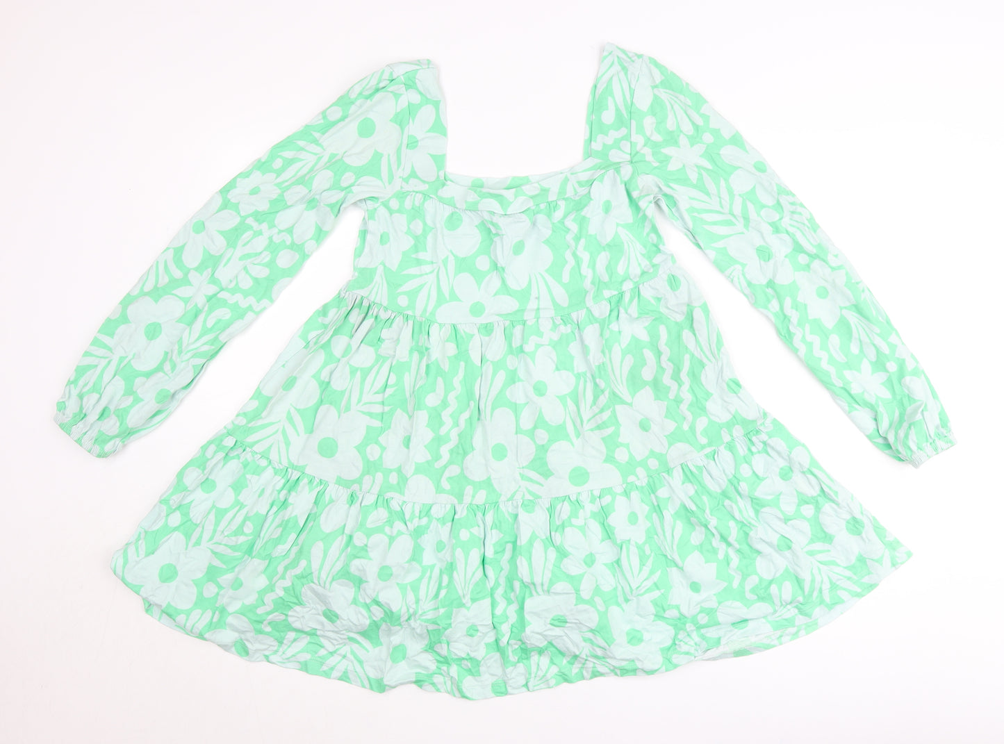 ASOS Women’s Green Floral Smock Dress Size 8 Long Sleeve Square Neck