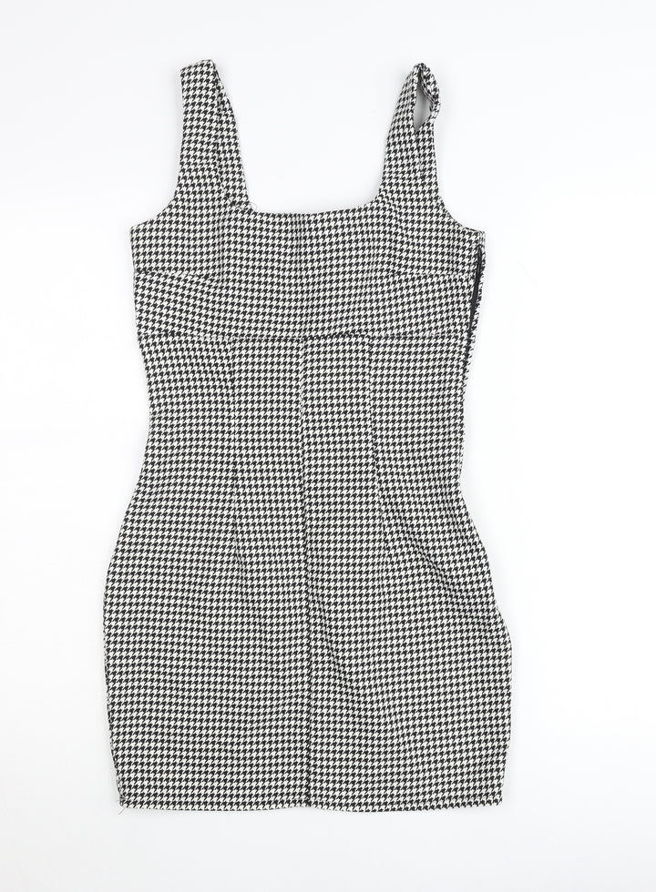 H&M Women’s Black Houndstooth Bodycon Dress UK 8 Sleeveless Square Neck