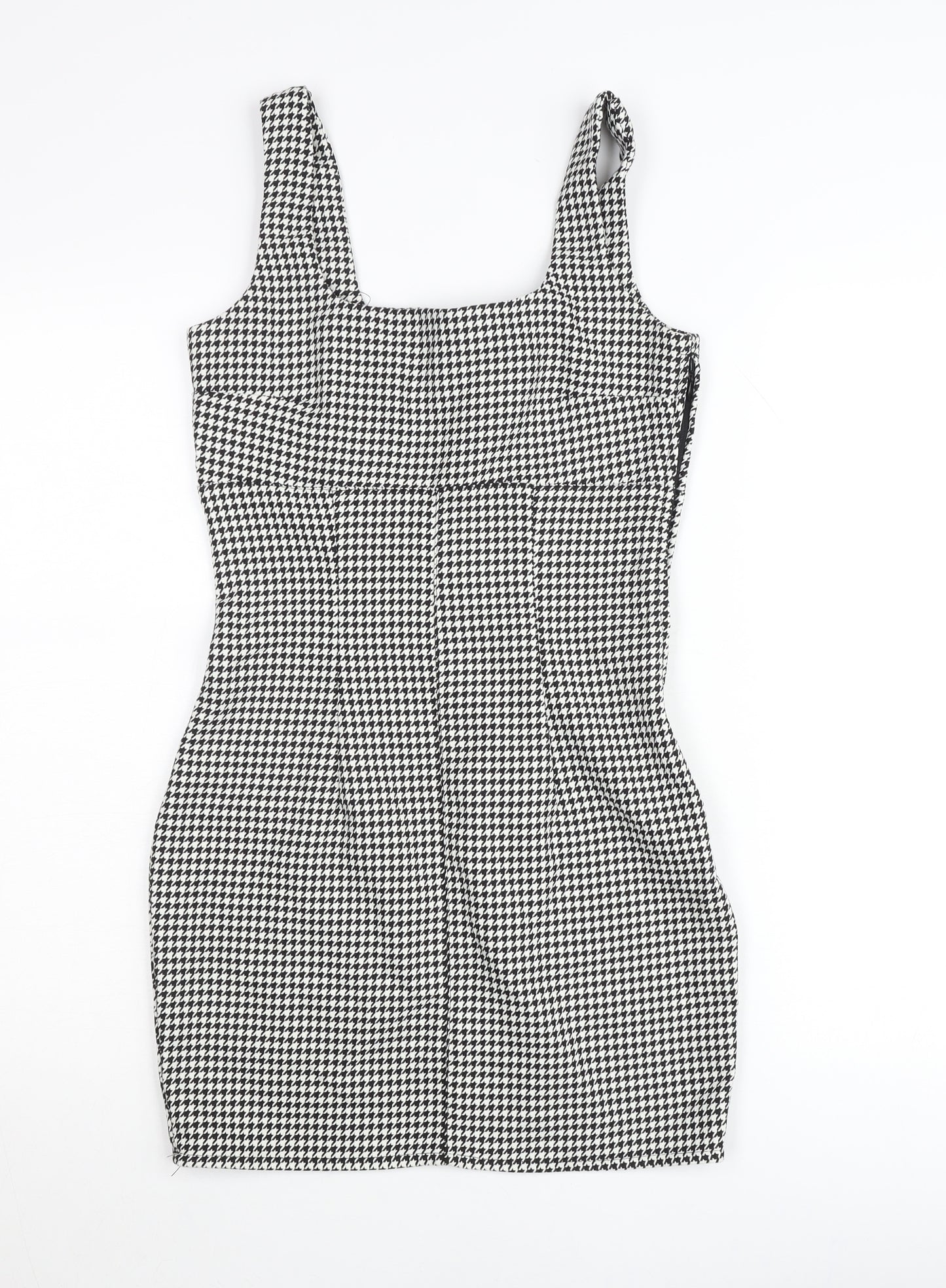 H&M Women’s Black Houndstooth Bodycon Dress UK 8 Sleeveless Square Neck