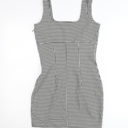 H&M Women’s Black Houndstooth Bodycon Dress UK 8 Sleeveless Square Neck