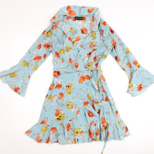 PrettyLittleThing Women’s Blue Floral Wrap Dress UK 4 Short Sleeve Ruffle