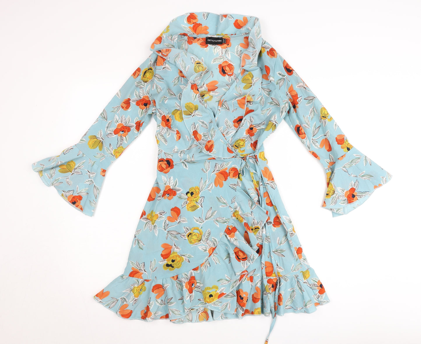 PrettyLittleThing Women’s Blue Floral Wrap Dress UK 4 Short Sleeve Ruffle