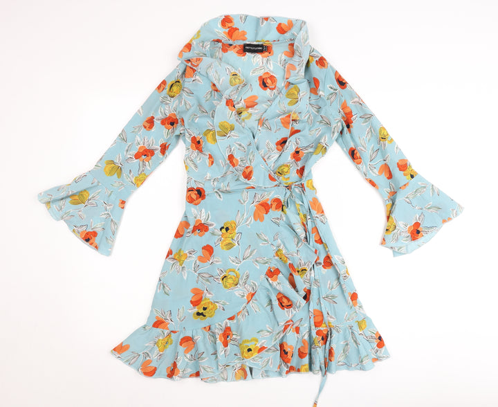PrettyLittleThing Women’s Blue Floral Wrap Dress UK 4 Short Sleeve Ruffle