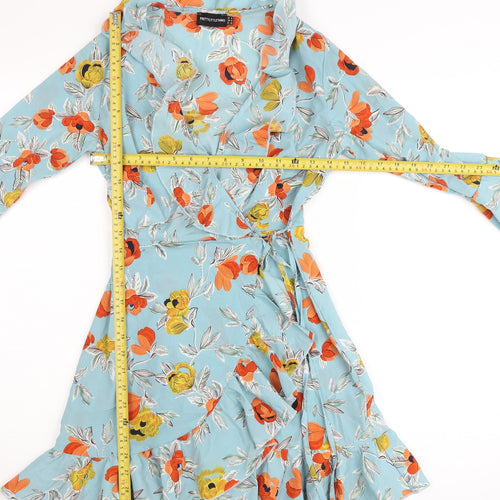 PrettyLittleThing Women’s Blue Floral Wrap Dress UK 4 Short Sleeve Ruffle