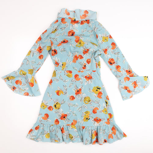 PrettyLittleThing Women’s Blue Floral Wrap Dress UK 4 Short Sleeve Ruffle