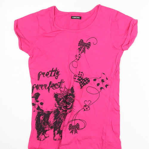 Cherokee Girls Pink Cat Graphic T-Shirt 12-13 Years Cotton Scoop Neck
