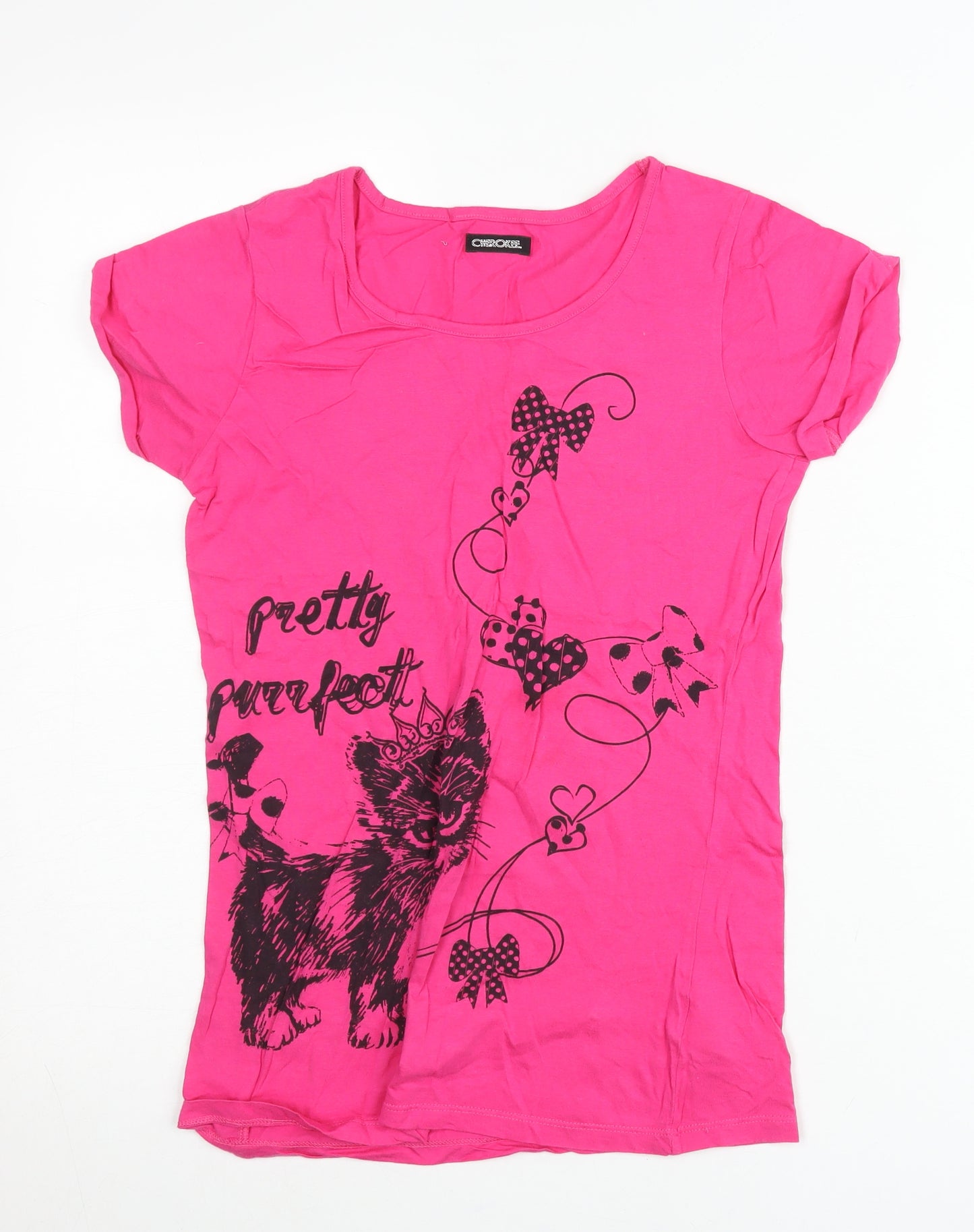 Cherokee Girls Pink Cat Graphic T-Shirt 12-13 Years Cotton Scoop Neck