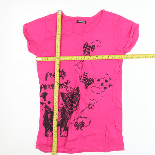 Cherokee Girls Pink Cat Graphic T-Shirt 12-13 Years Cotton Scoop Neck