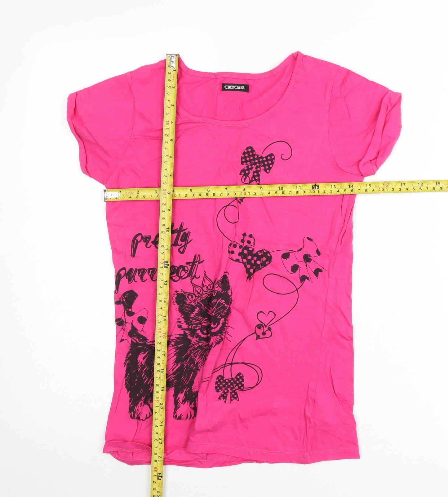 Cherokee Girls Pink Cat Graphic T-Shirt 12-13 Years Cotton Scoop Neck