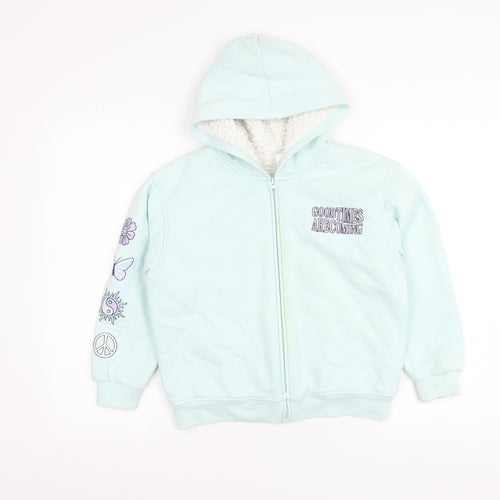 Anko Girls Blue Hooded Jacket Age 10 Lined Full Zip Embroidered Casual