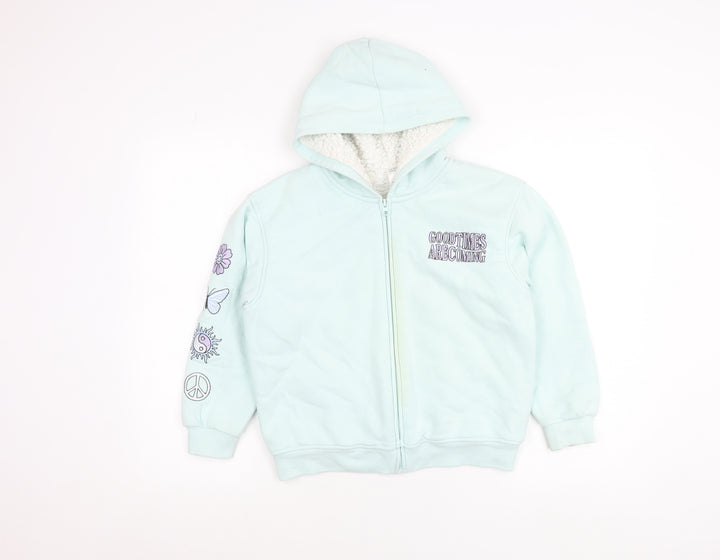 Anko Girls Blue Hooded Jacket Age 10 Lined Full Zip Embroidered Casual