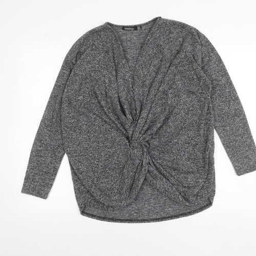 Boohoo Women’s Grey Wrap Knotted Blouse Size 8 Long Sleeve