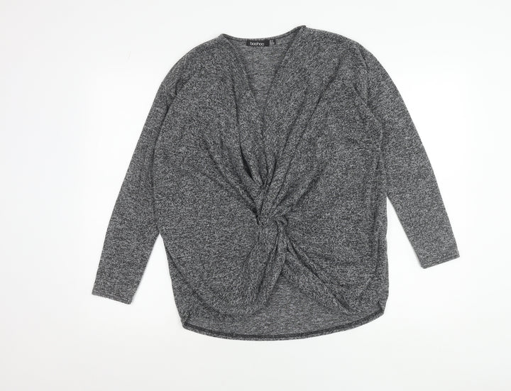 Boohoo Women’s Grey Wrap Knotted Blouse Size 8 Long Sleeve