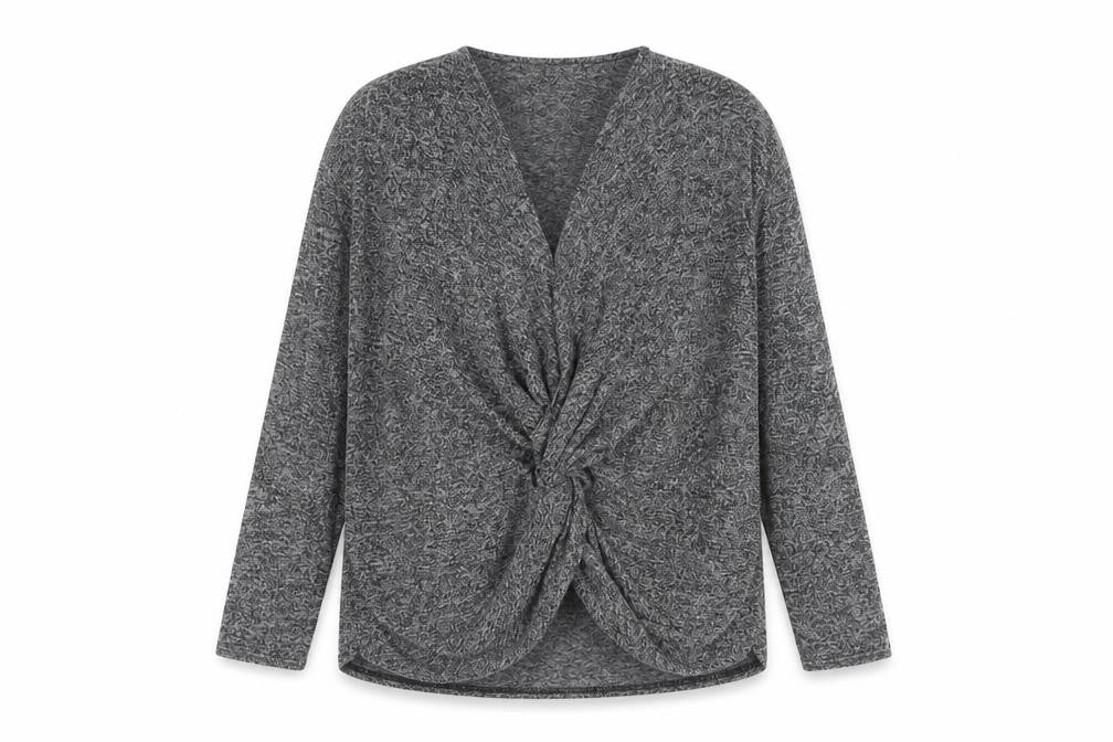 Boohoo Women’s Grey Wrap Knotted Blouse Size 8 Long Sleeve