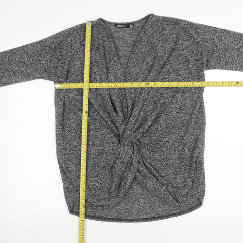 Boohoo Women’s Grey Wrap Knotted Blouse Size 8 Long Sleeve