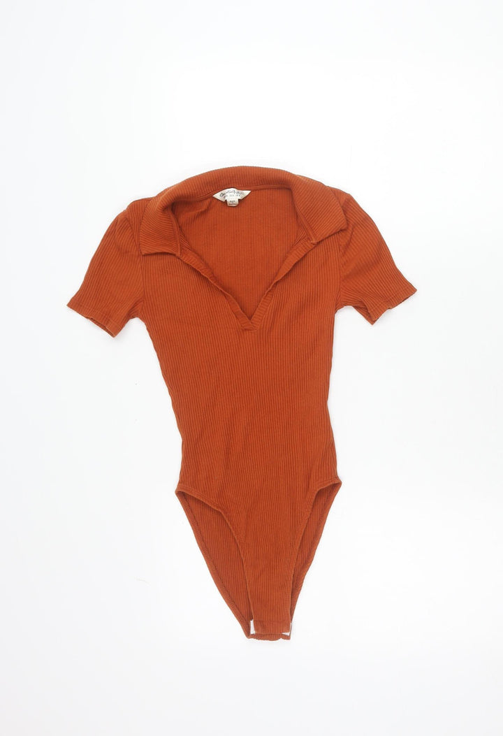 Miss Selfridge Women’s Brown Ribbed Slim Fit V-Neck Bodysuit Top Size 4