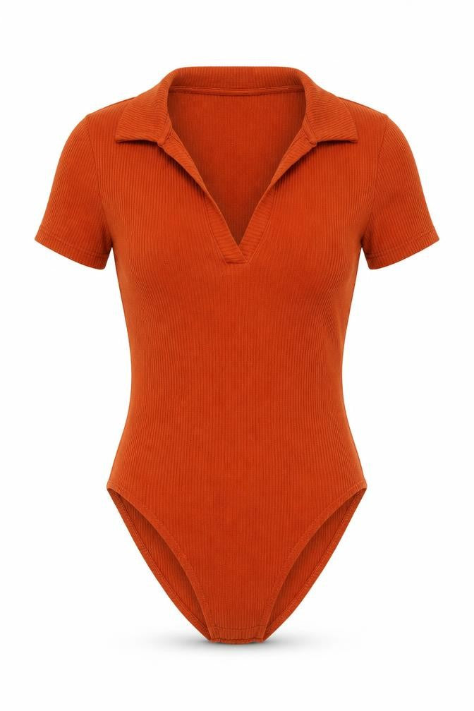 Miss Selfridge Women’s Brown Ribbed Slim Fit V-Neck Bodysuit Top Size 4