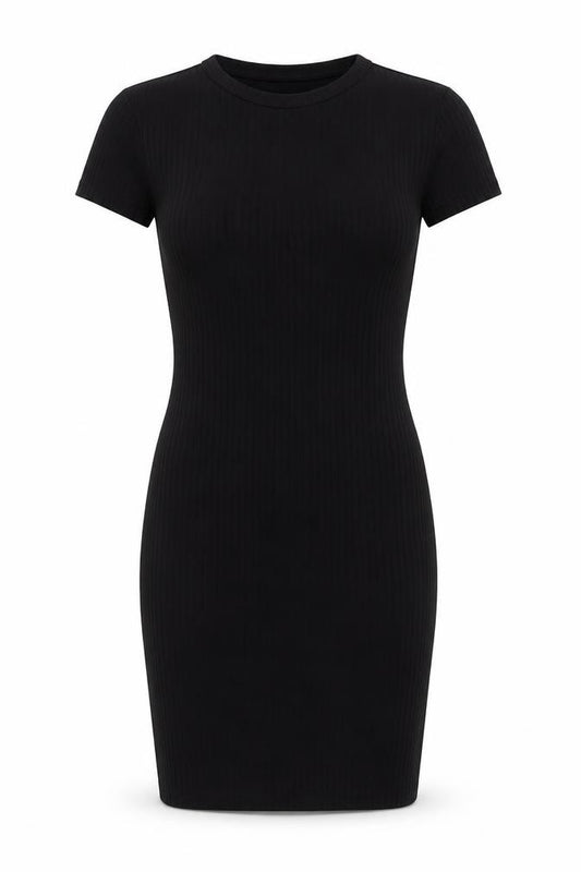 Front view of Boohoo Women Black, size 10, Bodycon Short Sleeve Knee Length Dress