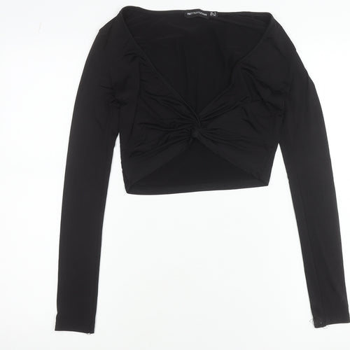 PrettyLittleThing Women’s Black Cropped V-Neck Long Sleeve Blouse Size 8