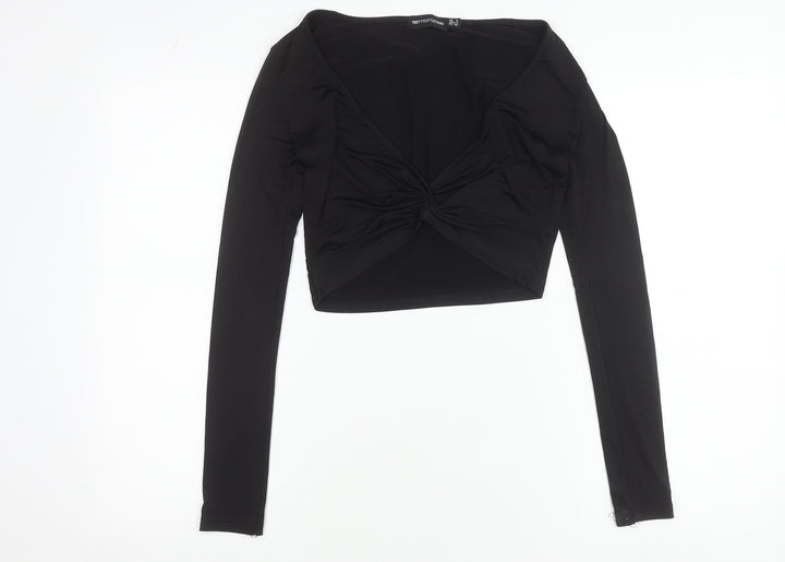 PrettyLittleThing Women’s Black Cropped V-Neck Long Sleeve Blouse Size 8