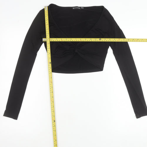 PrettyLittleThing Women’s Black Cropped V-Neck Long Sleeve Blouse Size 8