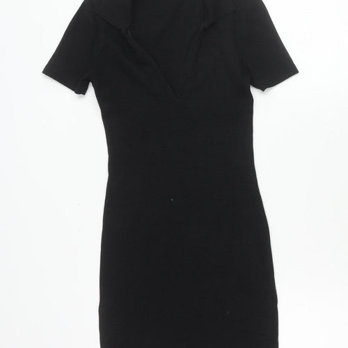 Zara Women Black S Bodycon Collared V-Neck Short Sleeve Dress