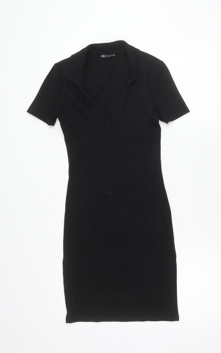 Zara Women Black S Bodycon Collared V-Neck Short Sleeve Dress
